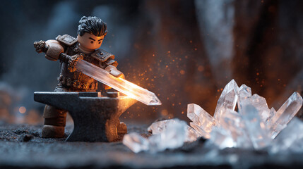Toy character forging a radiant sword on an anvil. Sparkles and crystals enhance the fantasy scene. Great for childhood, strength or determination concepts.