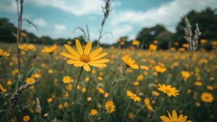 Obraz premium Sunlit yellow flowers thriving in the heat of summer