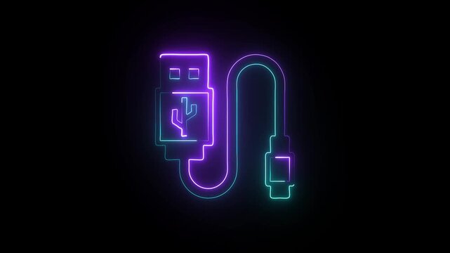 Glowing Neon USB Cable Icon Representing Modern Technology Connection, Data Transfer, and Digital Device Charging in Futuristic Style.