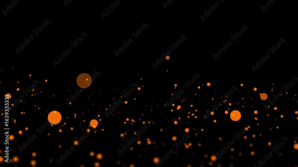 Wall mural beautiful loop animation glow orange bokeh particles flow on black abstract background. 4k seamless 