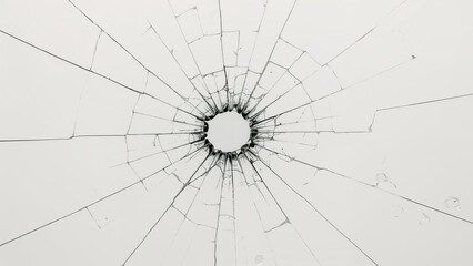 Bullet perforation in glass set apart on a simple background