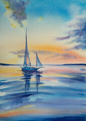 Yacht at sunset in watercolor