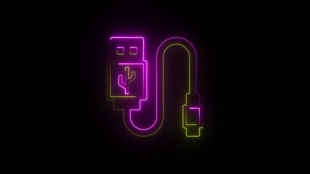 Glowing Neon USB Cable Icon Representing Modern Technology Connection, Data Transfer, and Digital Device Charging in Futuristic Style.