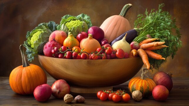Fresh autumn vegetables arranged in a wooden bowl, showcasing vibrant colors with an earthy backdrop.