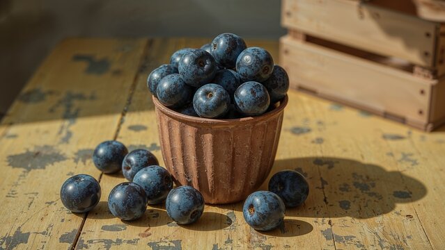 A collection of fresh blue plums sits in a brown cup on a yellow wooden tabletop