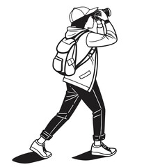 Stylized line art silhouette of a person with backpack looking through binoculars
