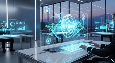 Futuristic holographic interface with data visualization in modern office