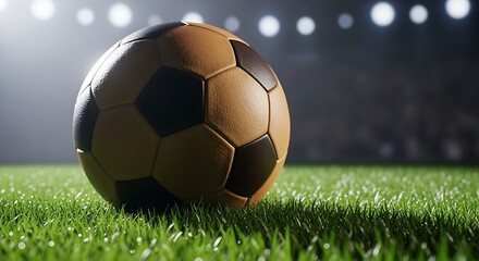 Classic Soccer Ball on Fresh Green Grass Under Stadium Lights, Close-Up