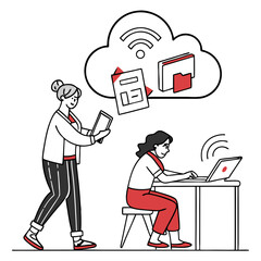 Two people collaborating on a project with cloud data transfer and technology icons