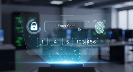 Futuristic holographic security system with fingerprint and facial recognition