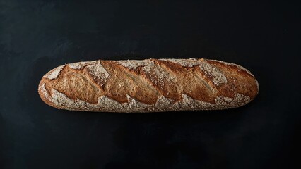 Overhead shot of a fresh whole grain baguette resting on a black table