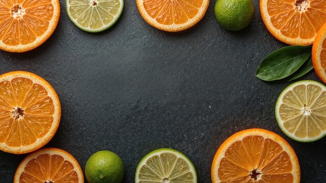 Variety of fresh citrus fruits alongside juice on a dark textured background. Oranges and limes overhead shot with room for text - Powered by Adobe