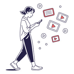 Woman walking while watching videos on her smartphone with play buttons floating around