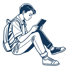 Young man with backpack sitting on the floor reading a book or tablet