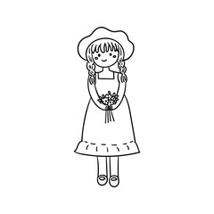 Hand drawn woman holding bunch of flowers outline element icon