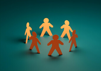 Minimalist illustration of paper people figures connected in a circle on a teal background, depicted as origami figures, soft shadows, clean lines, simple shapes.