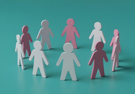 Minimalist illustration of paper people figures connected in a circle on a teal background, rendered as flat design, vibrant colors, geometric shapes, no gradients.
