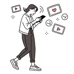 Young woman engrossed in her smartphone surrounded by social media icons and notifications