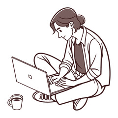 Young woman sitting cross legged on the floor working on a laptop with a coffee cup nearby