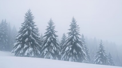 Fototapeta premium Misty winter scene featuring trees blanketed in snow