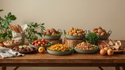 Community food donation scene with dishes arranged on a surface