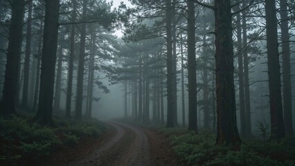 Naklejka premium Foggy atmosphere over a rustic dirt lane in a wooded area