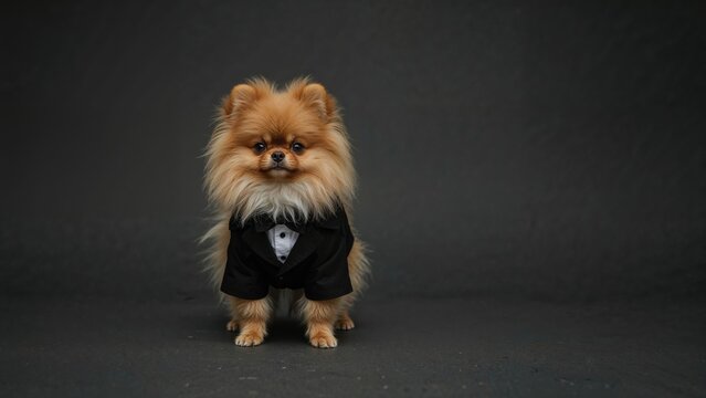 A single Pomeranian dog wearing a tuxedo set against a somber background for a festive event