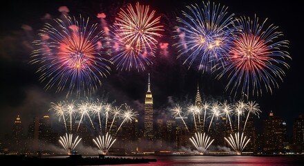 A spectacular display of colorful fireworks exploding over a famous metropolitan skyline at night during a grand celebration.