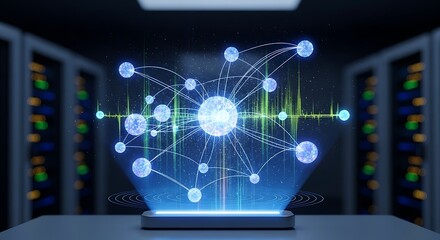 Futuristic glowing digital network hologram in a server room