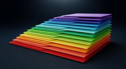 Stacked rainbow colored paper sheets on a dark background