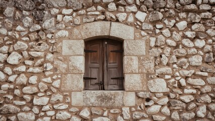 Stone fortification with an aged window and weather-beaten wooden shutter, classic architectural design in a park, religious and spiritual landmark