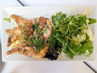 A gourmet dish of crispy golden-brown fried frog's legs, a classic French delicacy, garnished with fresh herbs and served with a light green salad on a white plate.