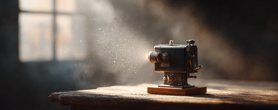 Vintage projector emitting light beams, evocative of storytelling, nostalgia, and the magic of cinema. Perfect for creative media projects, film production,  retro themes.
