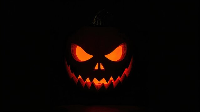 An ominous Halloween pumpkin light featuring glowing eyes and a frightening face in darkness.