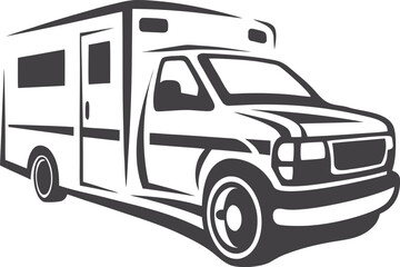 Ambulance vector icon illustration, simple black and white line art, minimalist emergency vehicle symbol, clean medical transport design for healthcare, rescue, and urgent care projects