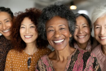 Fototapeta premium Group of five diverse women laughing and enjoying time together in a bright, cozy indoor setting
