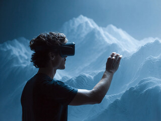 Immersive VR experience A man explores a simulated mountain landscape with a virtual reality headset. Represents innovation, technology, gaming, and the metaverse.