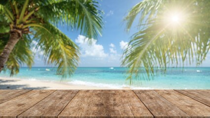 Unoccupied tabletop ready for decoration against a sunny seaside scene
