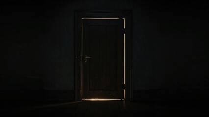 Retro dark interior with a luminous locked door.