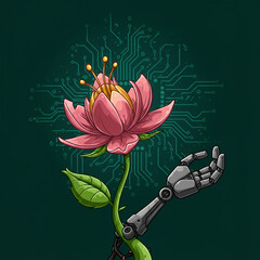 Close-up: Flower stem transforms to robotic arm with digital bloom, 8k detail.