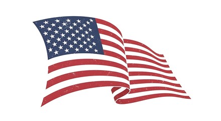 A waving flag of the United States of America. A patriotic national symbol with a vintage distressed texture isolated on a white background.