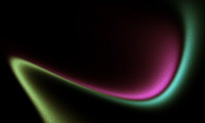 Glowing pink green shape on dark black grainy background, soft gradient texture with vibrant abstract wave layout