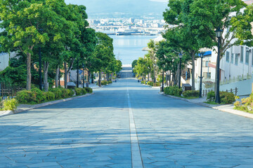 函館の八幡坂で港を眺める