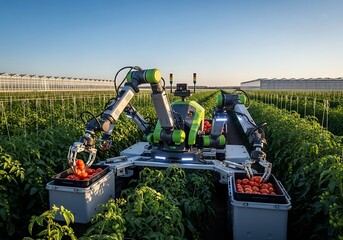 Robotic harvesting machine collecting fresh produce in a vast agricultural field at sunrise