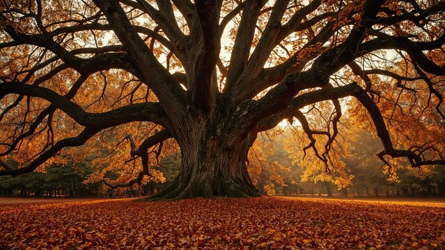 Large tree with contorted limbs and seasonal colored leaves