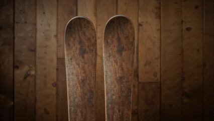 Antique timber skis placed on a wooden backdrop