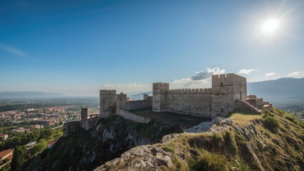 Fototapeta premium Ancient stone stronghold bathed in bright summer sunlight with clear sky and surrounding nature