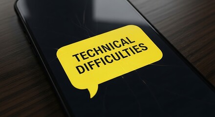 Yellow sign with technical difficulties warning text	technical 