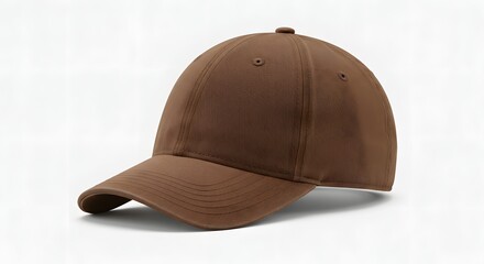 A brown baseball cap sits isolated against a clean, white background, showcasing its details. Isolated background hat, baseball cap, baseball hat, hat, Front, back and angle view of adult man caps moc
