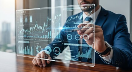 Man in Suit Interacting with Digital Dashboard in Modern Office